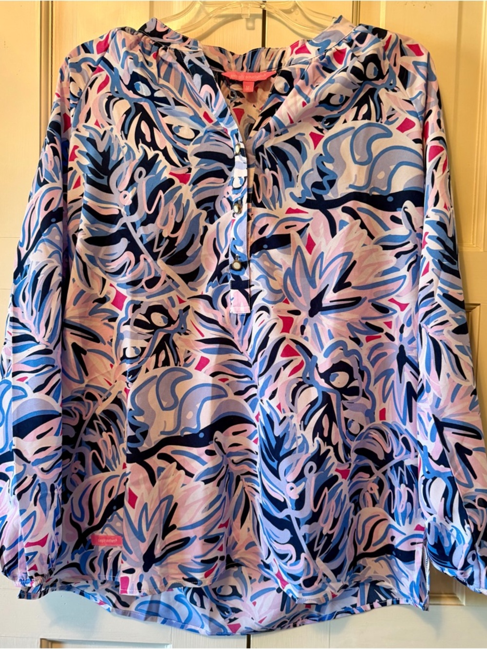 Simply Southern Blouse Women’s Medium Blue Pink Abstract Floral Flowy Top EUC